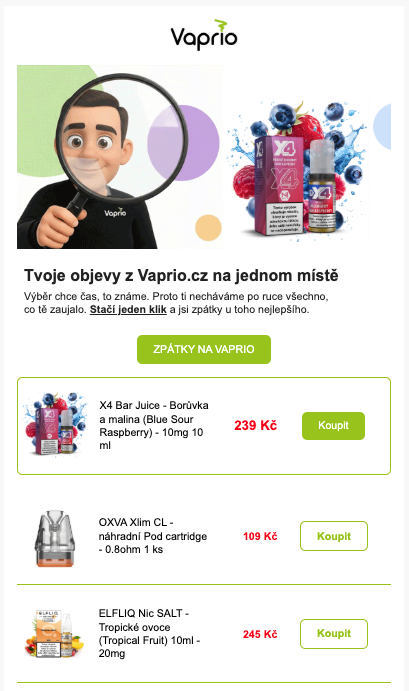 E-mail s Hero produktem v headeru a výpisu